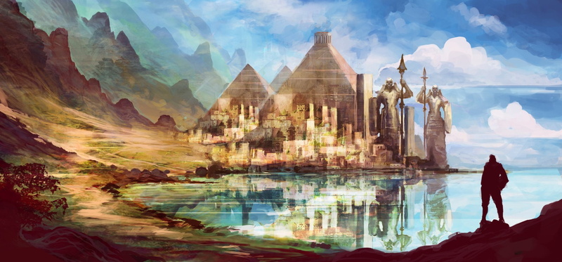 sky, cloud - sky, adult, mountain, travel, building exterior, beauty in nature, City, people, nature, Fantasy, water, Pyramid, solid, outdoors, Reflection