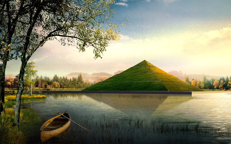 art, digital, canoe, nature, grass, 1080P, pyramids, lakes