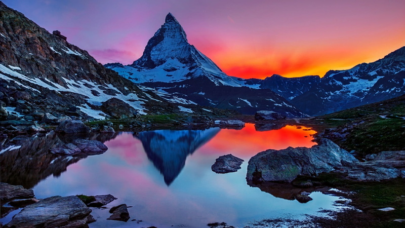 mount scenery, matterhorn, sunset, nature, tranquility, scenics - nature, reflected, environment, evening, travel, europe, no people, rock, outdoors, water