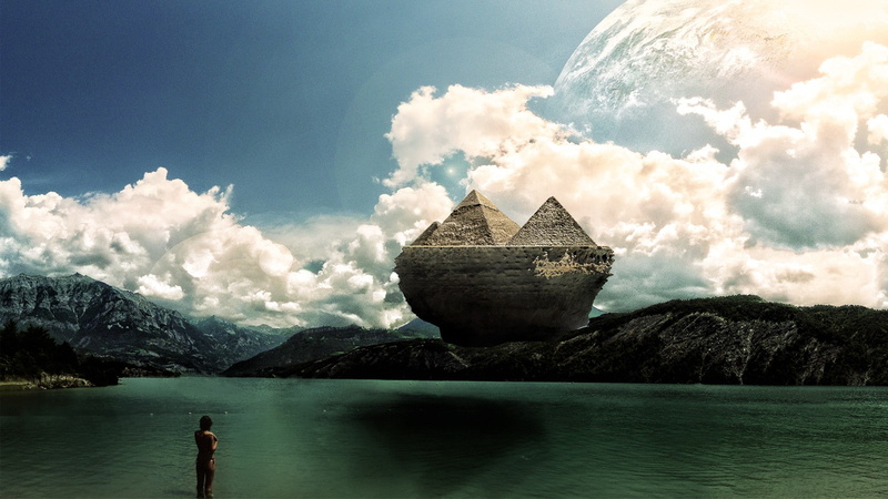 photo, levitate, art, manipulation, levitation, sky, digital, pyramids, clouds, 720P, island, lakes