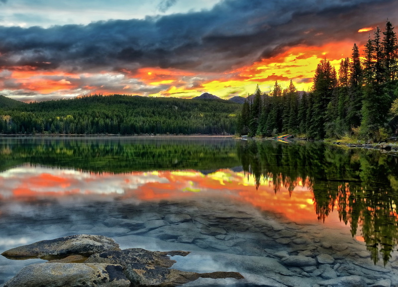 the bottom, Alberta, reflection, no people, waterfront, dramatic sky, forest, tranquility, Canada, lake, tranquil scene, tree, scenics - nature, cloud - sky