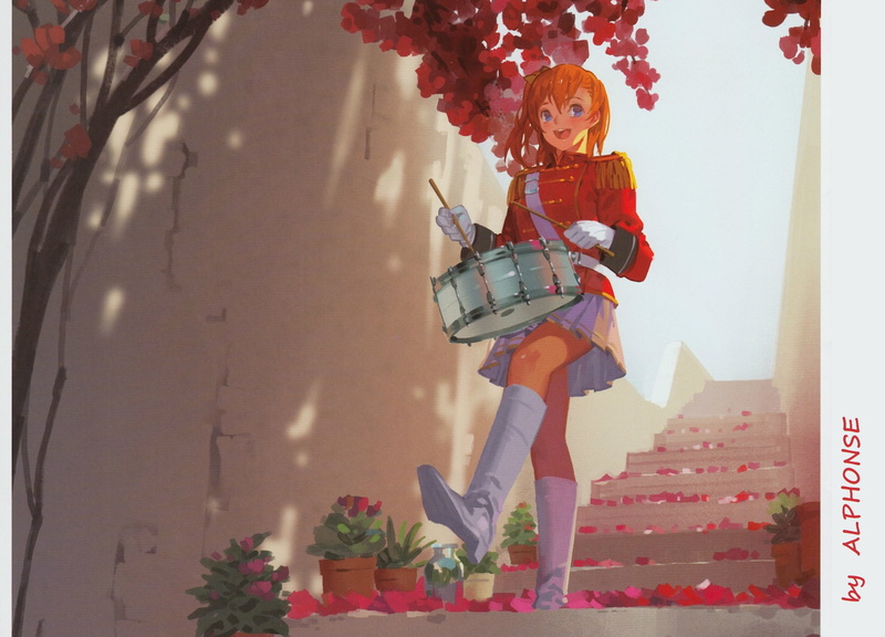 boots, gloves, petals, drum, wall, epaulettes, Alphonse, redhead girl, 1080P, ladder, art, uniform