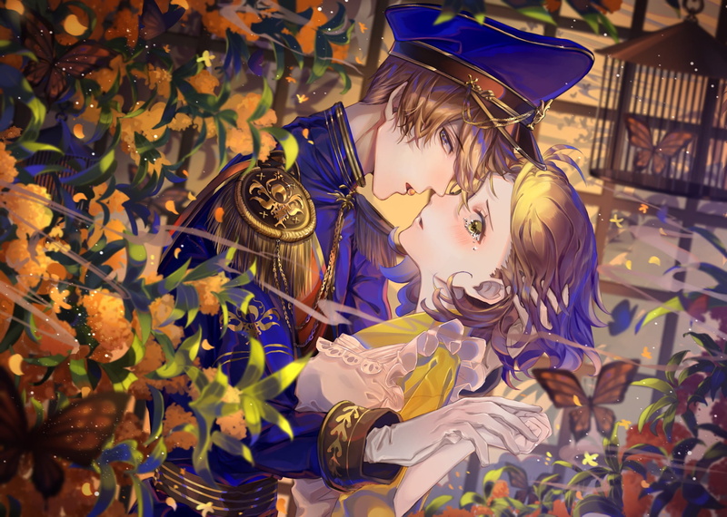 military uniform, Minami Leo, in the garden, the guy with the girl, hugs, butterfly, cap, blush, flier, epaulettes, gloves, tears, almost kiss, 1080P
