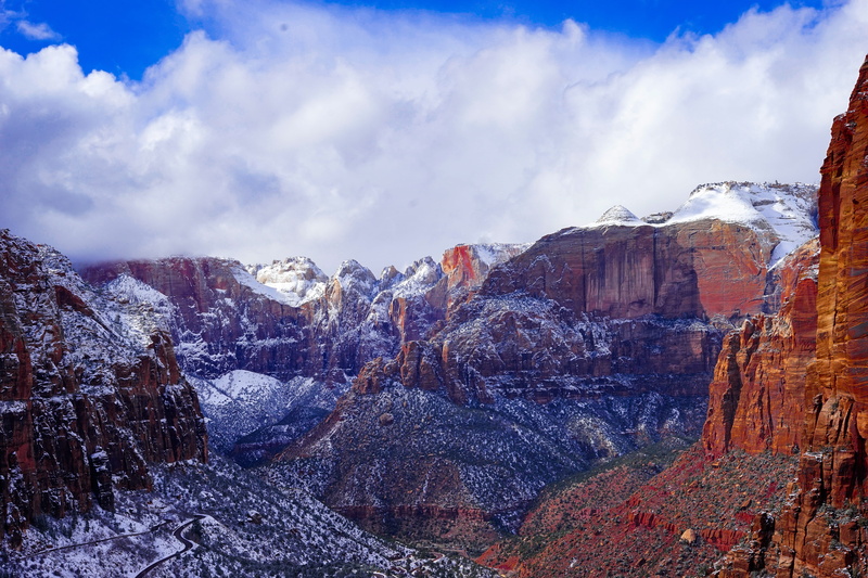 covered, environment, road, cliff, tranquility, red rock, scenics - nature, formation, zion, sky, winter, tranquil scene, ice, scenery, cloud - sky, mountain range