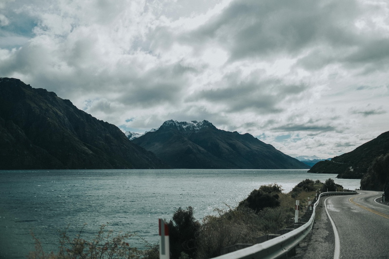 transportation, beauty in nature, mountains, mountain range, water, scenics - nature, background, mountain, heaven, crash barrier, fiordlands, clouds, highway 94