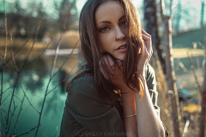 720P, women, hazel eyes, brunette, portrait, spring, women outdoors, pierced nose, hand on face, face, Alexander Kaufmann