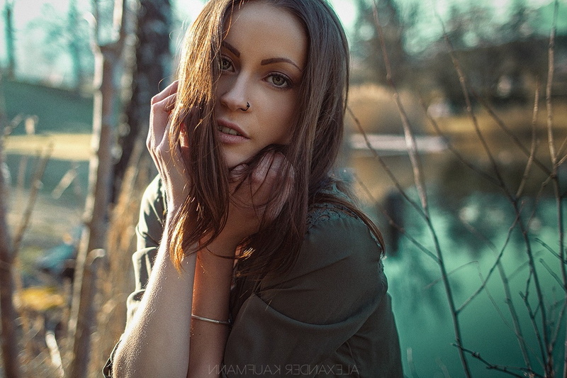 Hazel Eyes, 720P, Spring, Hand On Face, brunette, women, Alexander Kaufmann, face, Pierced Nose, portrait, Women Outdoors