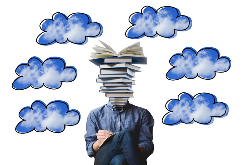blue, one person, 8K, technology, indoors, casual, human face, contemplation, clouds, books, career, digital composite, word clouds, body part, large group of objects