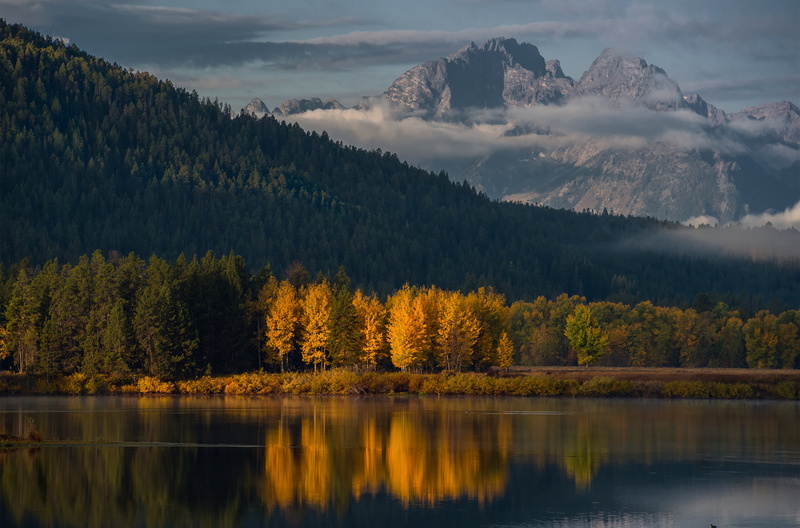 mountain, reflection lake, day, outdoors, non-urban scene, nature, morning, forest, beauty in nature, plant, water, tranquil scene, sky, Oxbow Bend, scenics - nature