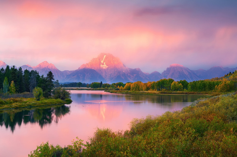 travel destinations, mountain, reflection, tree, forest, wide, sky, leafed, 1080P, autumn, Wyoming, non-urban scene, water, September, Oxbow Bend, idyllic