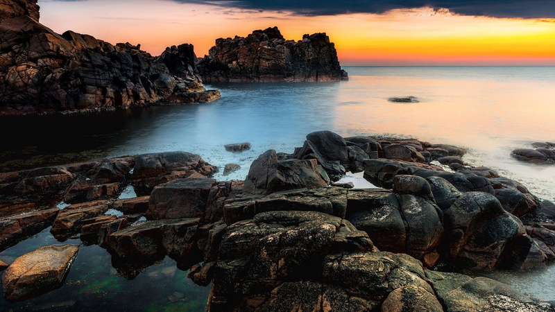 rock - object, cloud - sky, natural object, wave, material, water, coast, breakwater, nature, stone, travel, long exposure, tranquility, barrier, 1080P