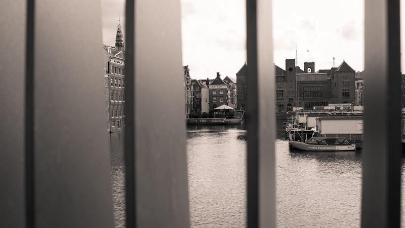 city, transportation, passenger craft, looking through, mode of transportation, water, netherlands, sky, sepia, canal, 5K, monochrome, no people, obstructed view