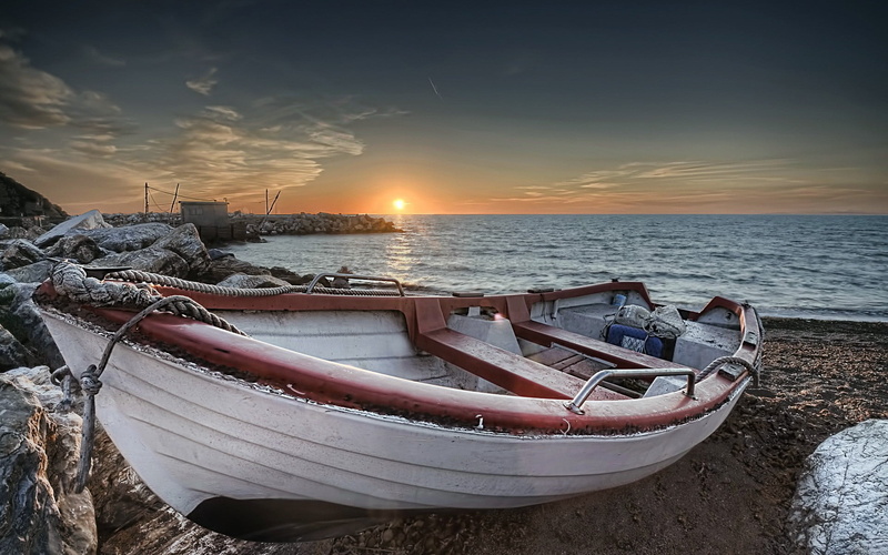 sky, cloud - sky, tranquil scene, water, horizon over water, sunset, land, red, outdoors, white, mode of transportation, moored, nature, no people, boat