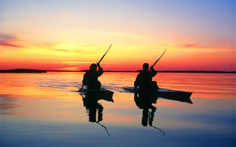 landscape, sunlight, sky, sunset, lake, 1080P, canoes, water