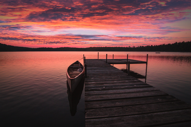 orange, beside, boat, sunrise, forest, sky, sun, nature, relaxation, silhouette, jetty, summer, river, reflection, outdoors, 5K, glow, dawn, blue, new york