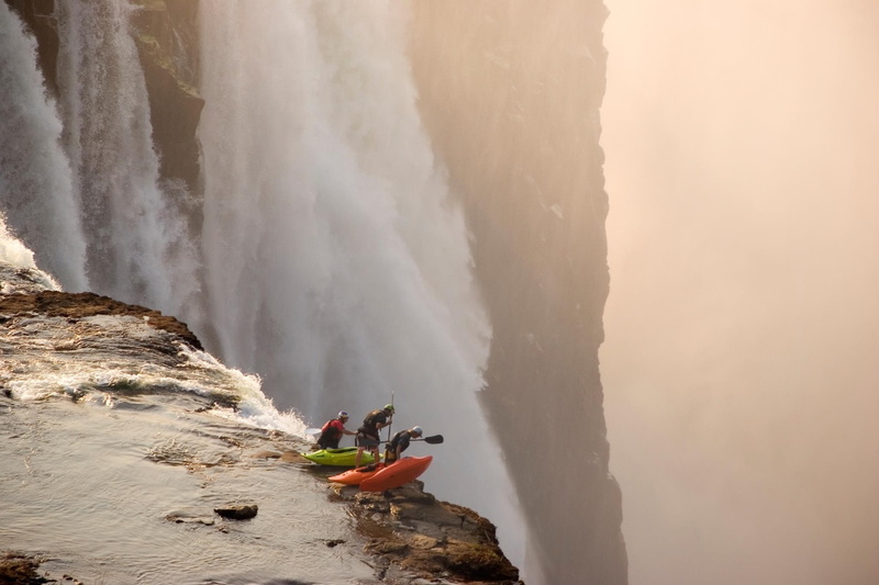 autumn, seasons, waterfalls, nature, hd, men, art, 1080P, illume, kayak, bull, red
