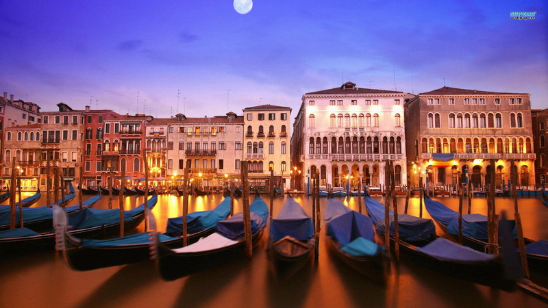 venice, canal, night, 1080P, gondolas, boats, parking