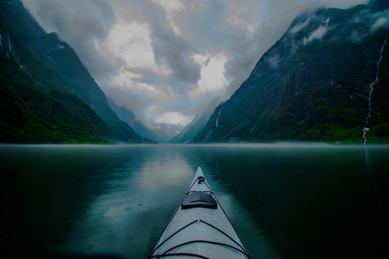 nature, landscape, fjord, mist, Norway, kayaks, morning, creeks, rain, 1080P, blue, clouds, mountains