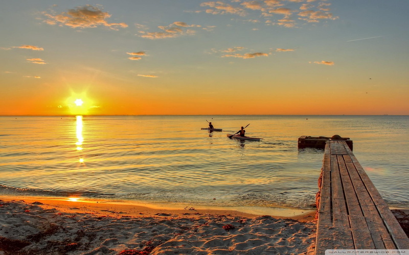 beach, 1080P, kayaks, dock, kayaking, sunset, nature and landscapes