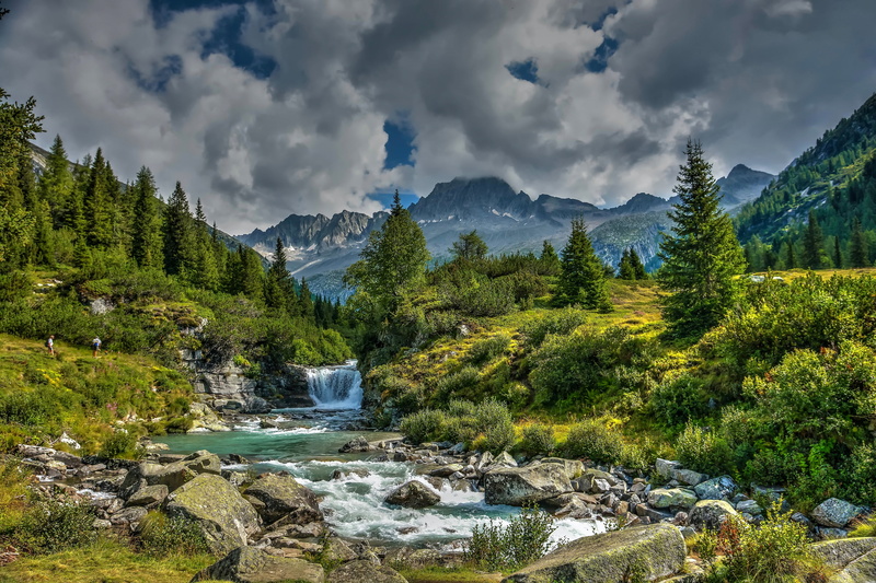 trees, Val di Fumo, waterfall, valley, river, stream, Italy, 4K, mountains, Shelter Valley Of Smoke, Alps, Trentino