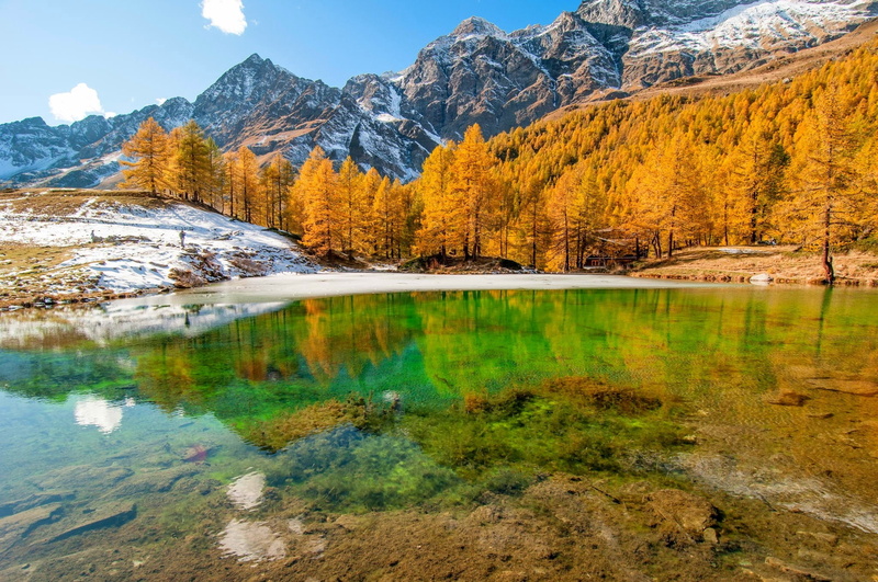 fall, landscape, idyllic, remote, tree, lake, formation, waterfront, snow, Italy, beauty in nature, 1080P, snowcapped mountain, plant, change, mountain range