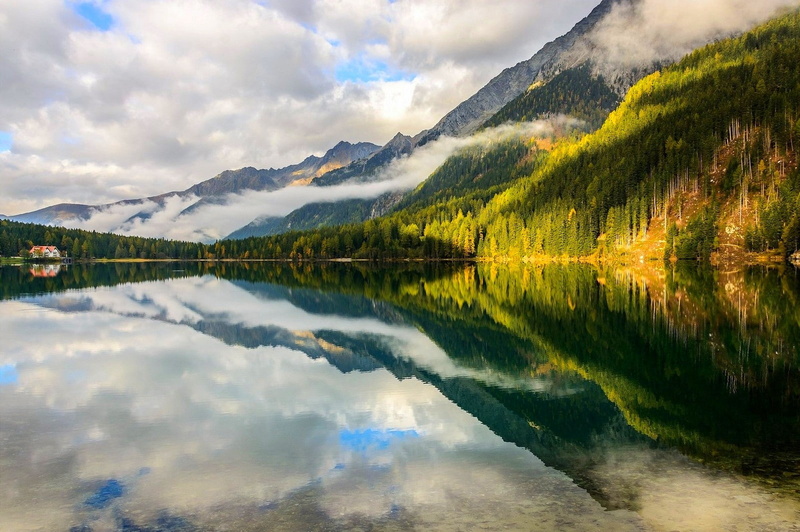cloud - sky, Alps, Italy, beauty in nature, tree, non-urban scene, waterfront, symmetry, snowcapped mountain, scenics - nature, reflection lake, forest