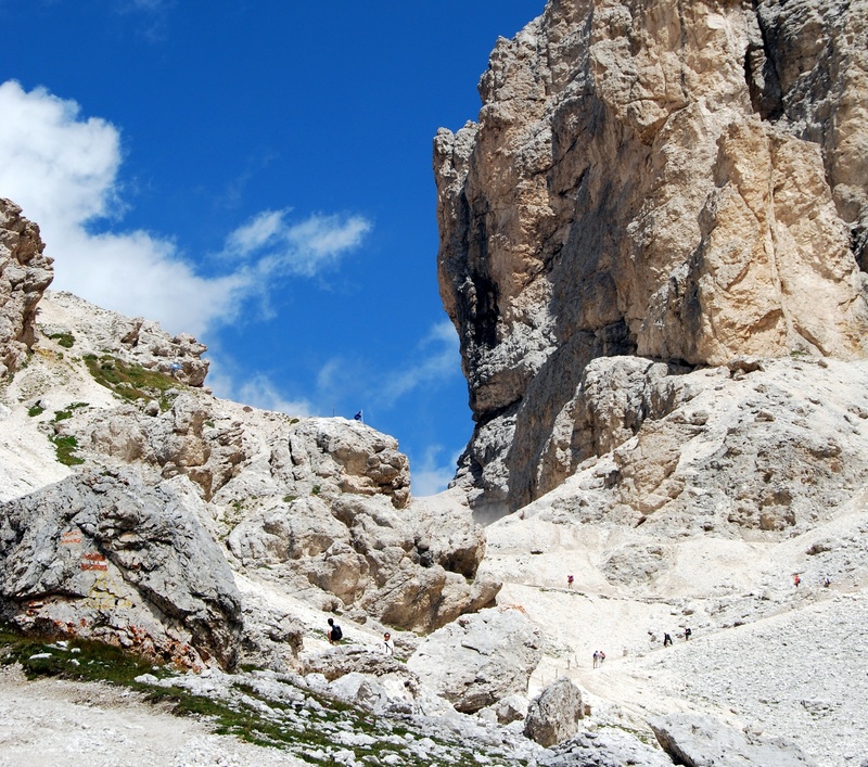 mountain peak, trail, italy, scenics - nature, mountain, tranquility, no people, rock formation, physical geography, low angle view, vajolet, nature, cloud - sky