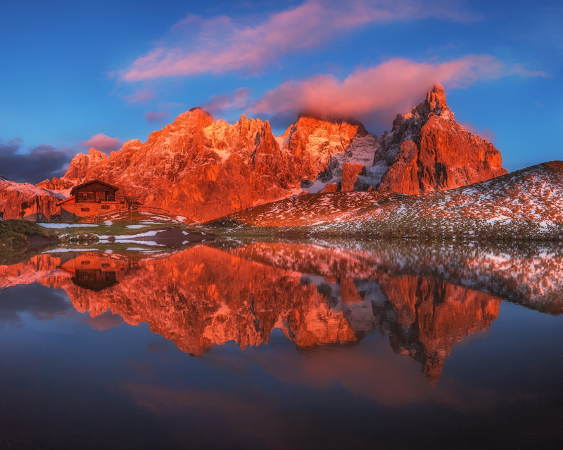 dolomite, scenics - nature, photo, rocky, cloud, orange, stone, waterfront, sunrise, idyllic, beauty in nature, contrast, symmetry, day, sunset, hill, low