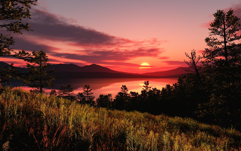 trees, lake, excellent, lscape, nature and landscapes, grass, sunset, 1080P, mountains, silhouette