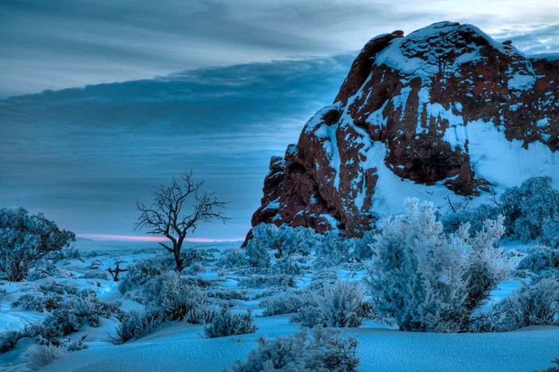 sunset, 720P, Arches National Park, rock, nature, snow, clouds, landscape, shrubs, cyan, winter
