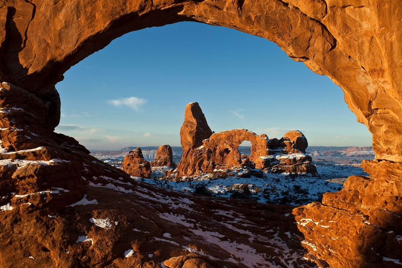 utah, arches national park, winter, sky, natural arch, formation, rock, view, tranquil scene, sandstone, arch, turret arch, rock - object, rock formation