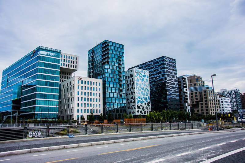 no people, norway, skyline, office, downtown, financial district, modern, building exterior, sky, explorethenorth, transportation, road marking, city, oslo