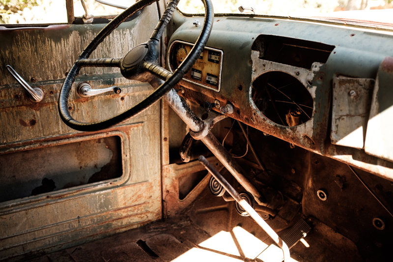 metal, indoors, obsolete, land vehicle, springdale, decay, deterioration, transportation, rusty, abandoned, old, wheel, rust, old car, close-up, damaged