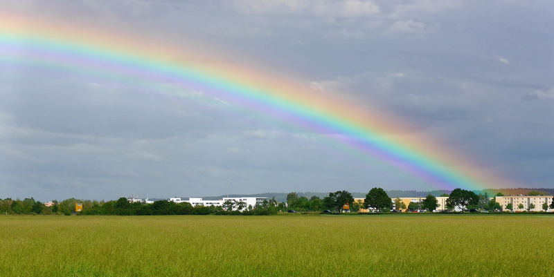 field, rain, double rainbow, no people, landscape, scenics, tranquil scene, environment, spectrum, tree, green Color, idyllic, Nature, grass, plant, blue