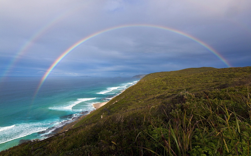 tranquility, beauty in nature, multi colored, tranquil scene, 1080P, sky, sea, non-urban scene, idyllic, rainbow, beach, landscape, double rainbow, nature