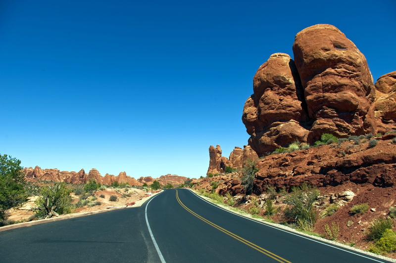 climate, utah, road, formation, scenics - nature, mountain, arches, direction, landscape, blue, national, desert, sign, park, clear sky, erosion, no people
