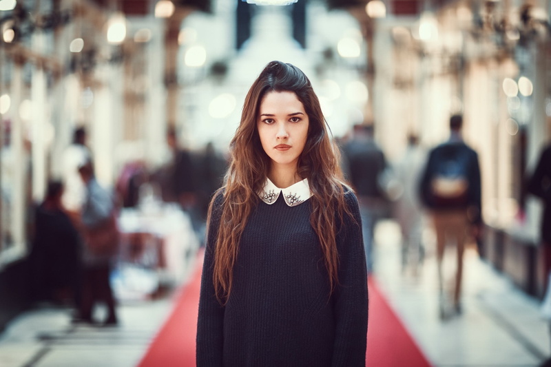 sweater, lights, model, red lipstick, bokeh, carpets, looking at viewer, photography, 1080P, brunette, women