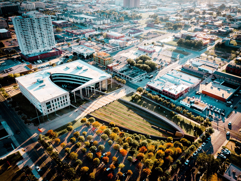 day, street, cityscape, transportation, crowd, oklahoma, skyscraper, group of people, aerial, crowded, land vehicle, united states, aerial view, outdoors