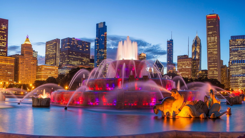 city lights, light, skyscrapers, united states, evening, 4K, fountain, buildings, boston, lights, usa, cityscape, statues, architecture