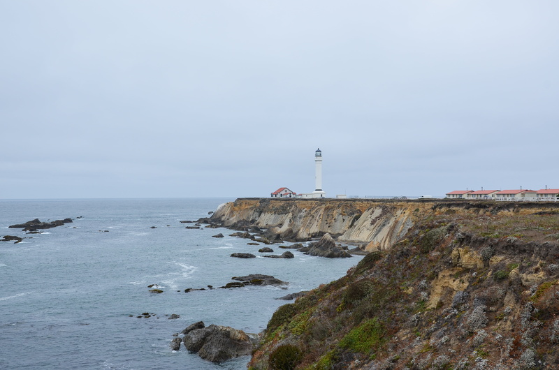 pigeon point lighthouse, built structure, headland, sky, building exterior, safety, architecture, highway one, coast, lighthouse, no people, point arena light