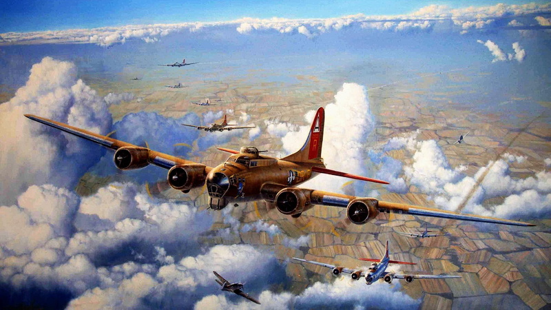 drawing, bomber, b-17, wwii, brown, airplane, bombing, plane, boeing, 1080P, flying, engine, run, me109, messerschmitt