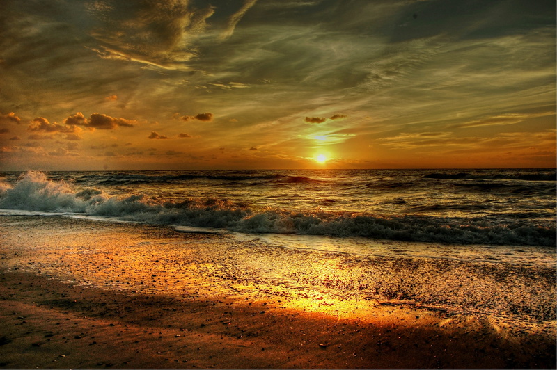 sunset, motion, blue, tranquil scene, tranquility, cloud - sky, north sea, sea, beach, weather, orange color, idyllic, golden, photography, land, sky, waves