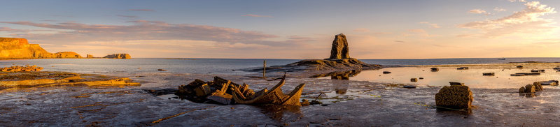 saltwick nab, wreck, yorkshire, morning light, dawn, sunset, summer, seascape, low tide, whitby, shipwreck, 8K, bay, tranquility, light, fishing, stack