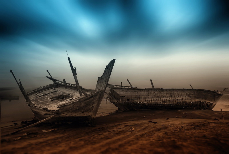 vehicle, cloud - sky, nature, nautical vessel, beach, mode of transportation, ship, outdoors, wood - material, sea, abandoned, damaged, deterioration, tranquil scene