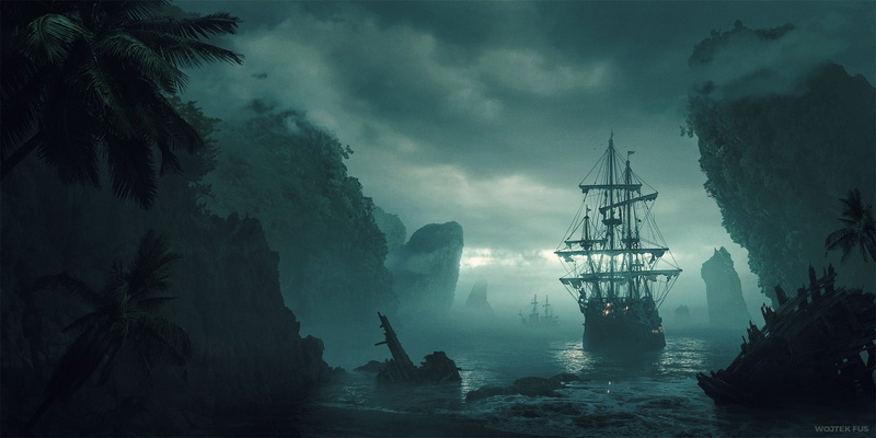 beach, trees, clouds, coast, artwork, shipwreck, concept art, mist, Pirate ship, landscape, ship, 720P, dark
