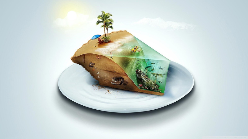 shipwreck, tropical water, digital art, beach, tropic island, palm trees, piece of cake, 1080P, dinosaurs, fish