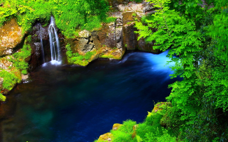 moss, waterfall, blue, lake, green, coast, trees, leaves, 1080P, river, water, nature, rocky, grass, forest, hd