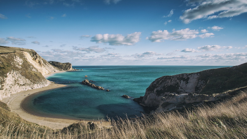 Dorset, blue, white, Jurassic Coast, rocky, clouds, seashore, England, near, 4K, rocks, sky, 5k, mountain