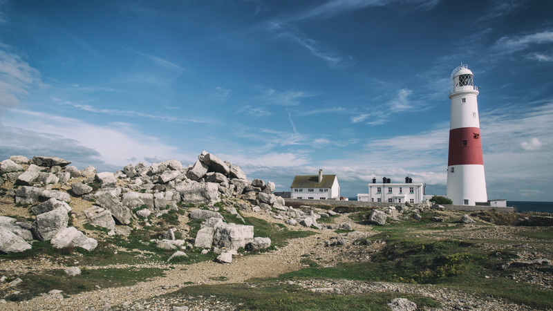 Portland Bill Lighthouse, daytime, stones, Jurassic Coast, lighthouse, hills, 4k, red, Dorset, 5k, England, white, sky