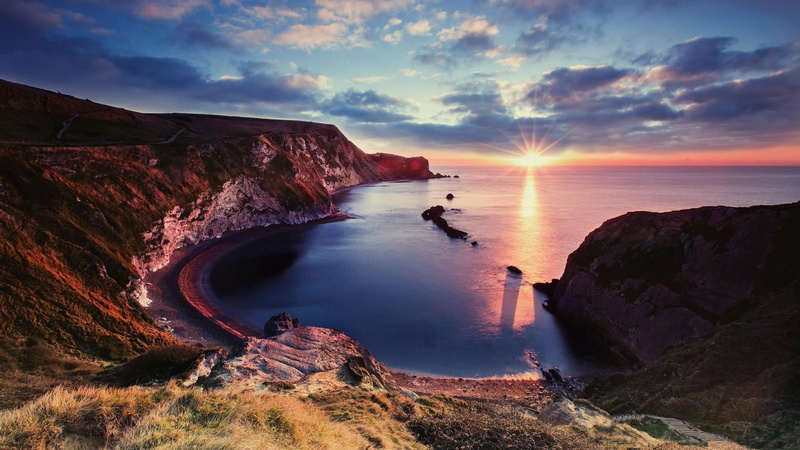 coast, united kingdom, sunset, idyllic, long exposure, rock - object, non-urban scene, horizon, world heritage site, solid, tranquility, tranquil scene